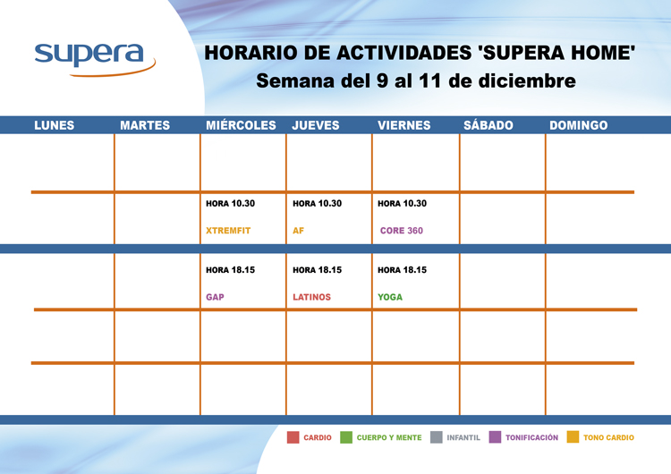 Programa de actividades de Supera Home para la semana del 9 al 11 de diciembre.