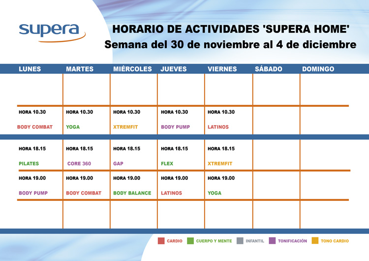 Programa de actividades de Supera Home para la semana del 30 de noviembre al 4 de diciembre.