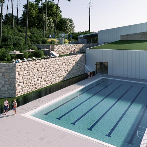 Infografía de la piscina exterior y el solárium del Complexo Desportivo Supera Vila Nova de Gaia en Portugal. 