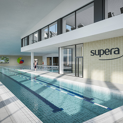Infografía de la piscina interior del Complexo Desportivo Supera Vila Nova de Gaia en Portugal. 